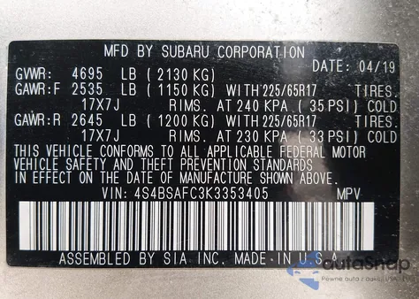 2019 Subaru Outback 2.5I Premium from USA, damaged, VIN 4S4BSAFC3K3353405